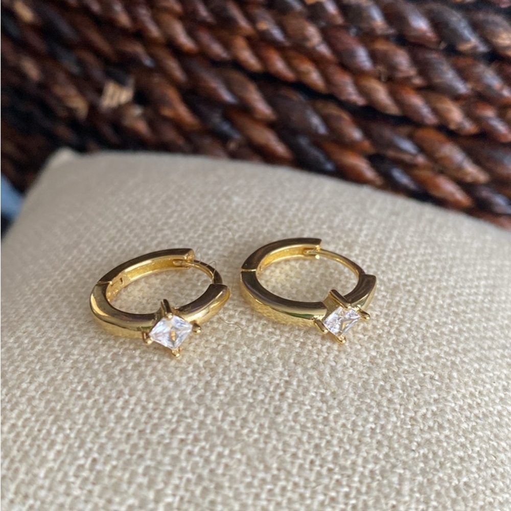 Gold Huggie Hoop Earrings with Square Cubic Zirconia